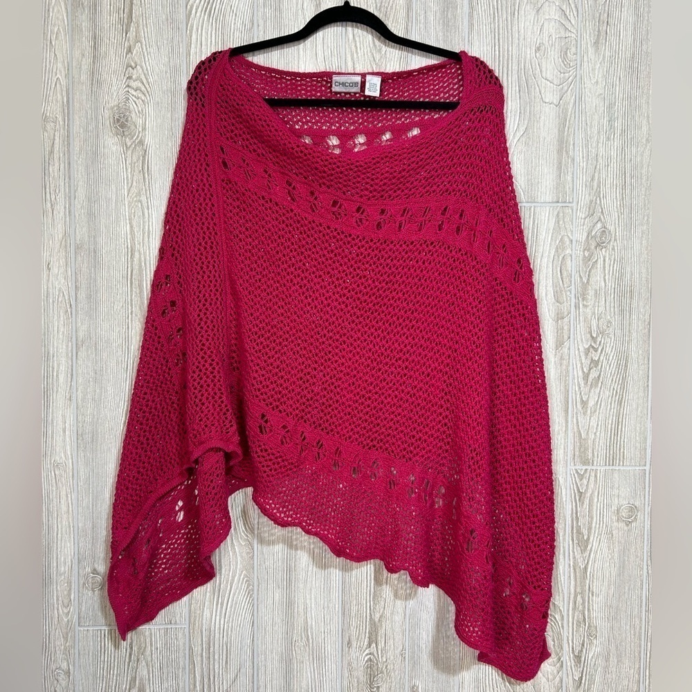 Chicos Bright Pink Crochet Knit Poncho One Size Fits Most